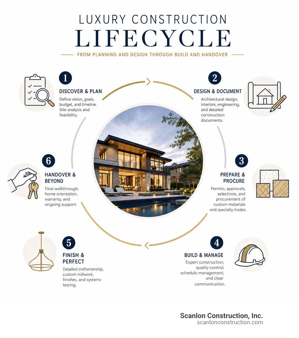 Luxury construction lifecycle from planning and design through build and handover infographic Luxury construction lifecycle from planning and design through build and handover infographic