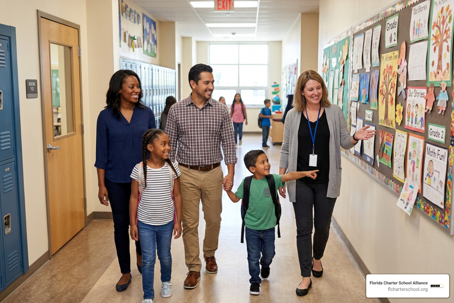 Family taking an informative tour of a public charter school campus Family taking an informative tour of a public charter school campus