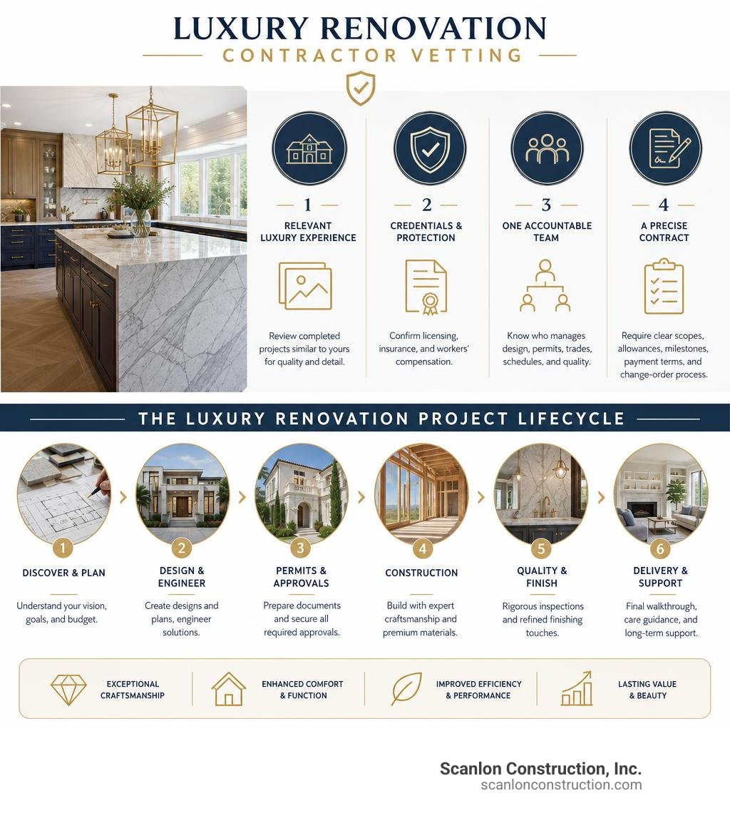 Luxury renovation contractor vetting and project lifecycle infographic Luxury renovation contractor vetting and project lifecycle infographic
