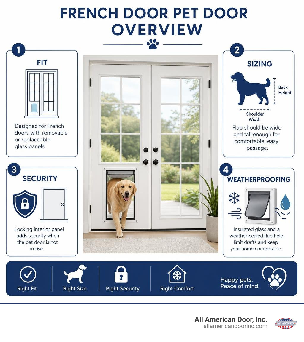 French door pet door fit, sizing, security, and weatherproofing overview infographic French door pet door fit, sizing, security, and weatherproofing overview infographic