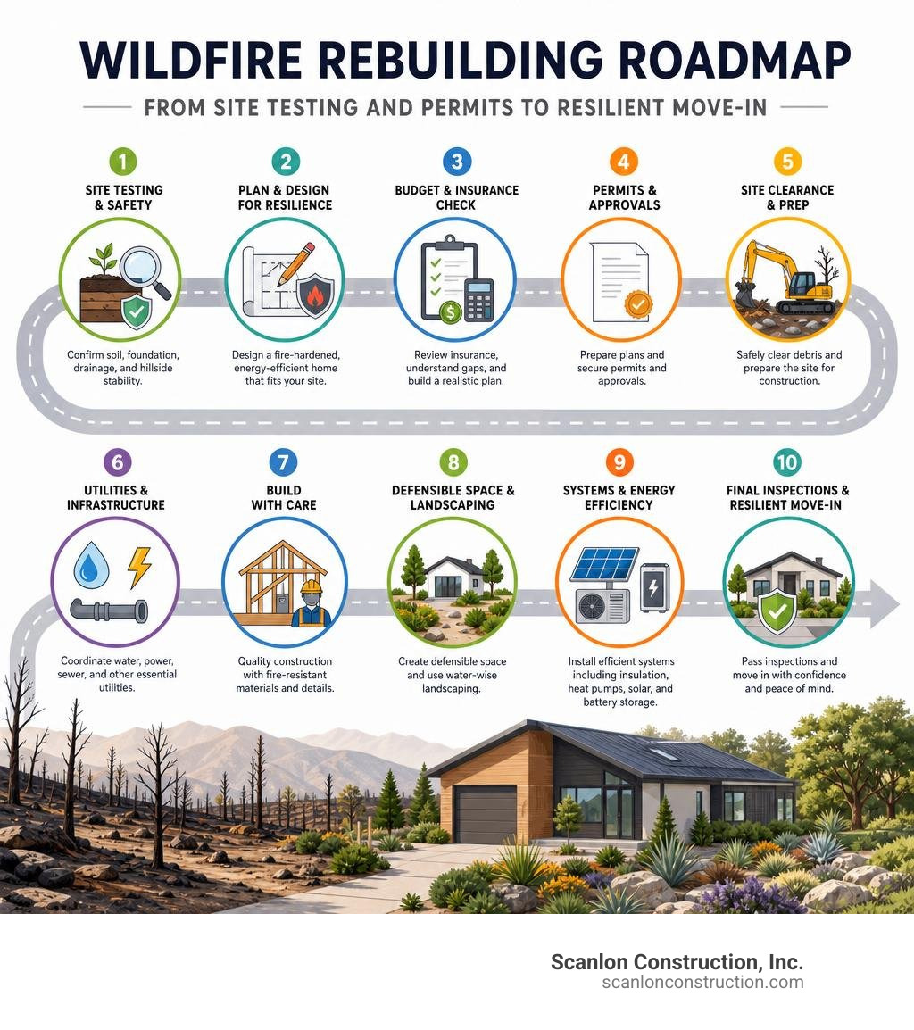 wildfire rebuilding roadmap from site testing and permits to resilient move-in infographic wildfire rebuilding roadmap from site testing and permits to resilient move-in infographic