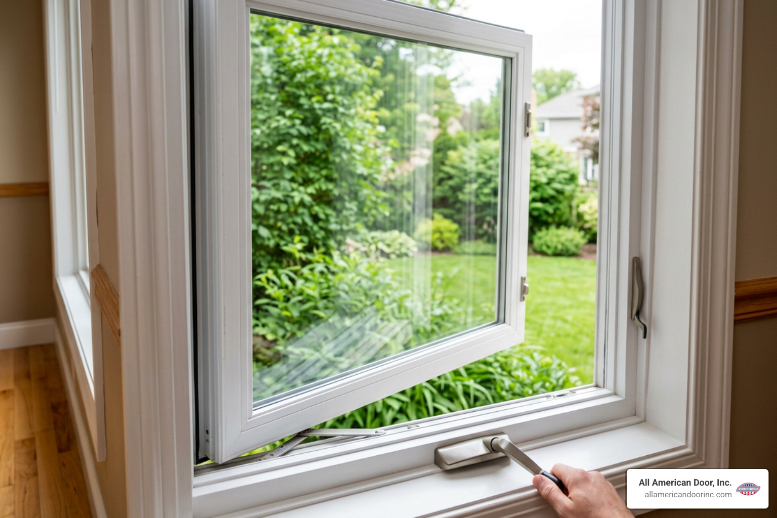 Milgard vinyl casement window swing operation and clear glass view Milgard vinyl casement window swing operation and clear glass view