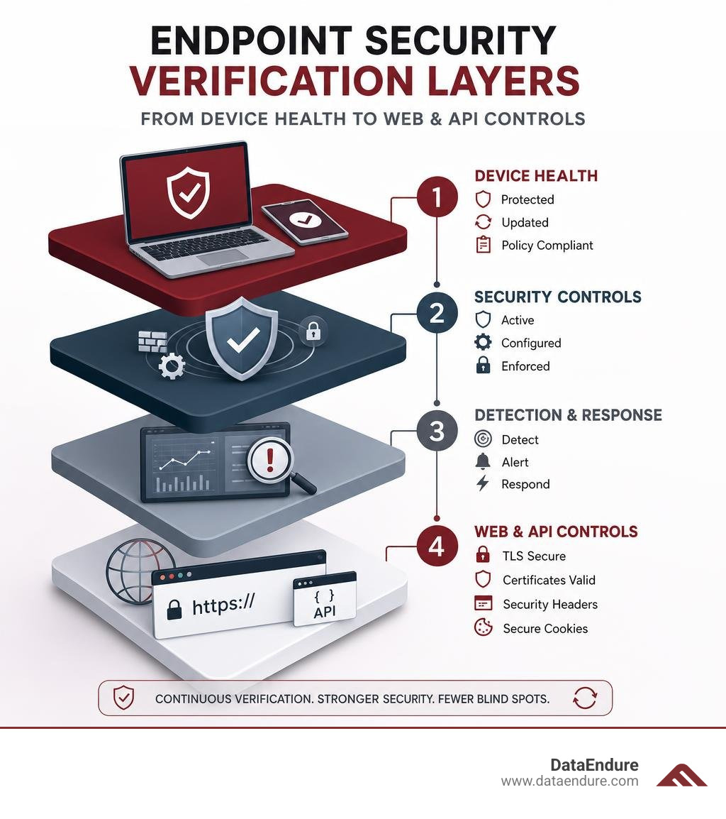 endpoint security verification layers from device health to web and API controls infographic endpoint security verification layers from device health to web and API controls infographic