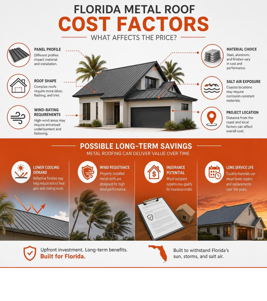 Florida metal roof cost factors and possible long-term savings infographic
