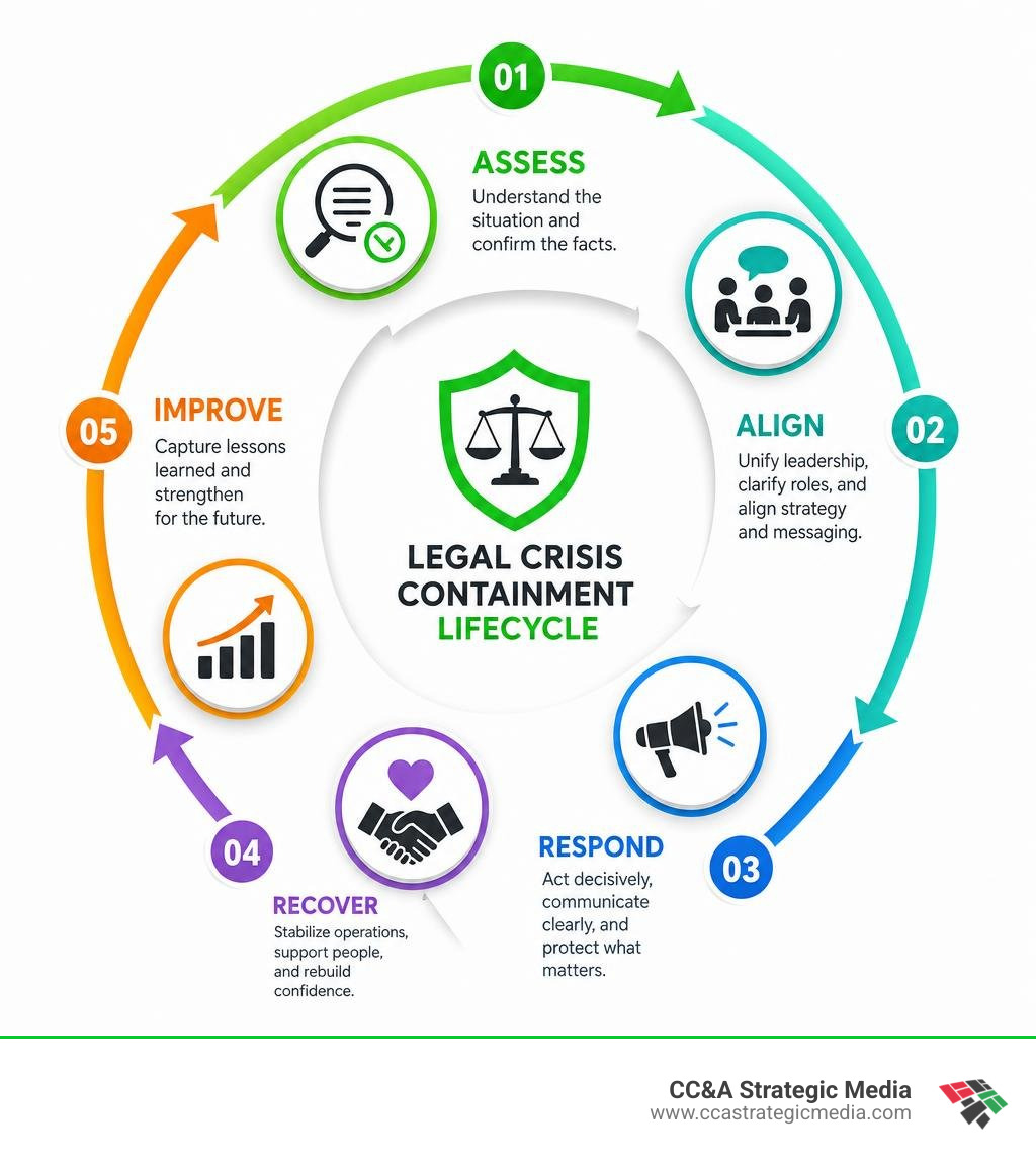 Legal crisis containment lifecycle: assess, align, respond, recover, improve infographic
