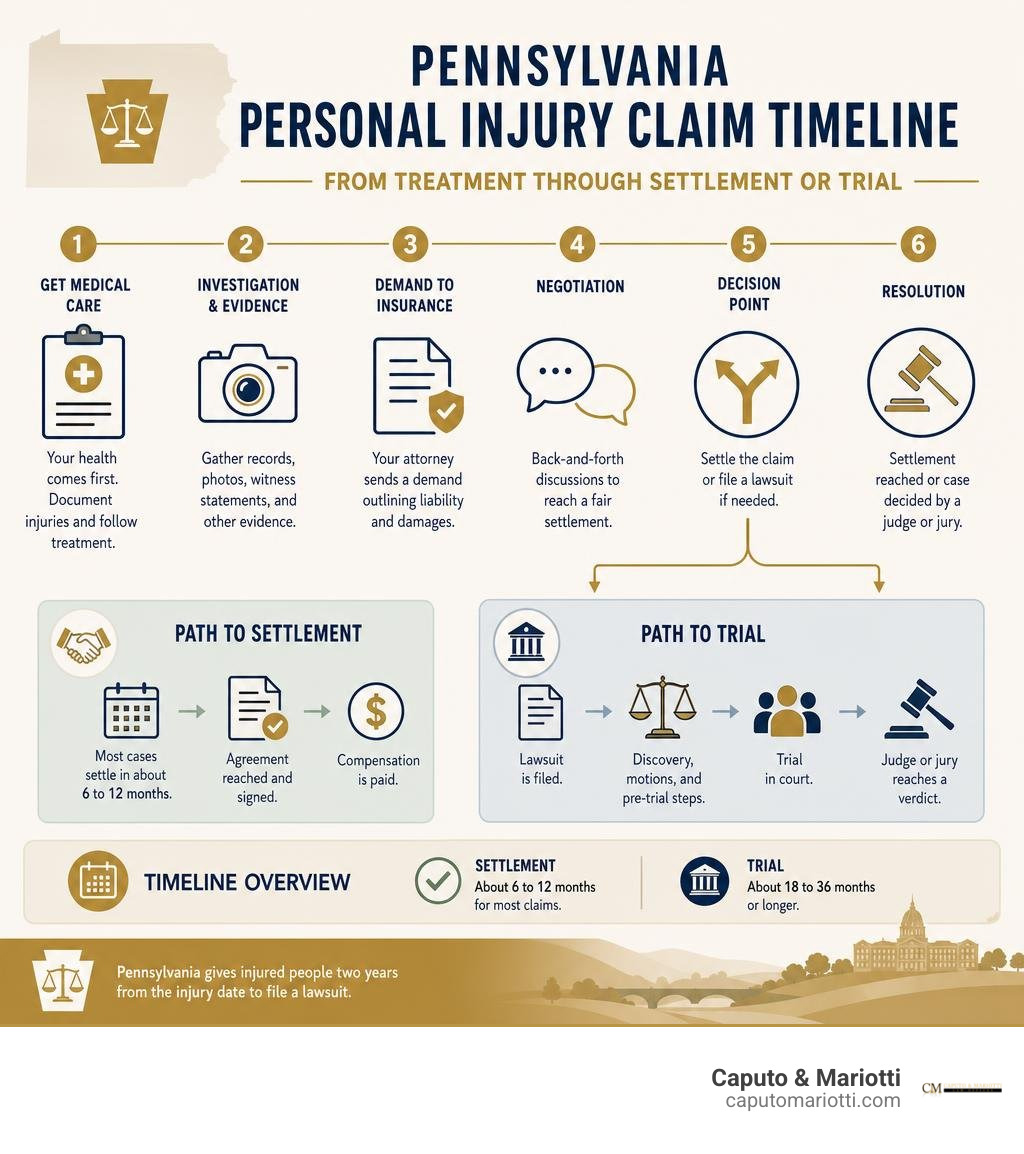 Pennsylvania personal injury claim timeline from treatment through settlement or trial infographic Pennsylvania personal injury claim timeline from treatment through settlement or trial infographic
