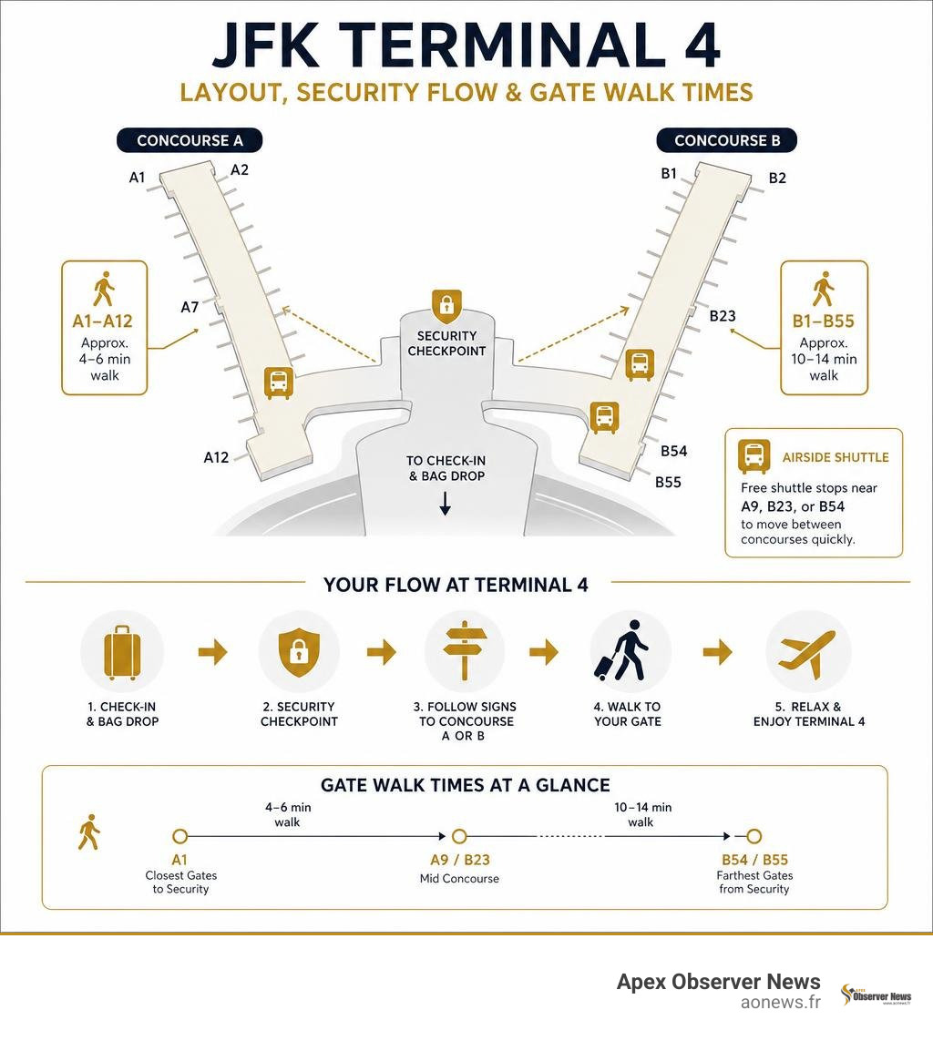 JFK Terminal 4 layout security flow and gate walk times infographic JFK Terminal 4 layout security flow and gate walk times infographic