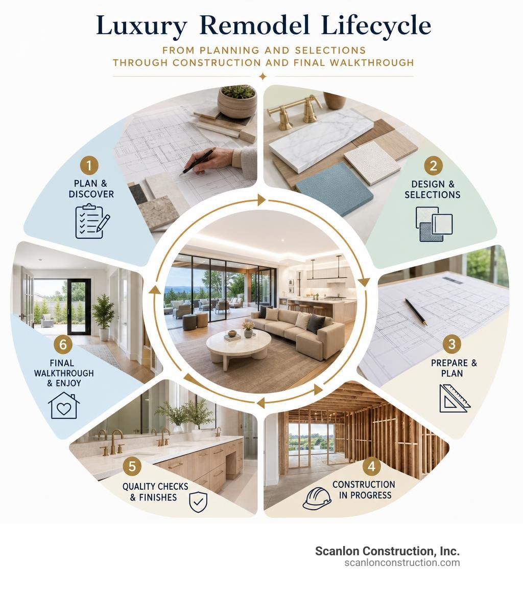 Luxury remodel lifecycle from planning and selections through construction and final walkthrough infographic Luxury remodel lifecycle from planning and selections through construction and final walkthrough infographic