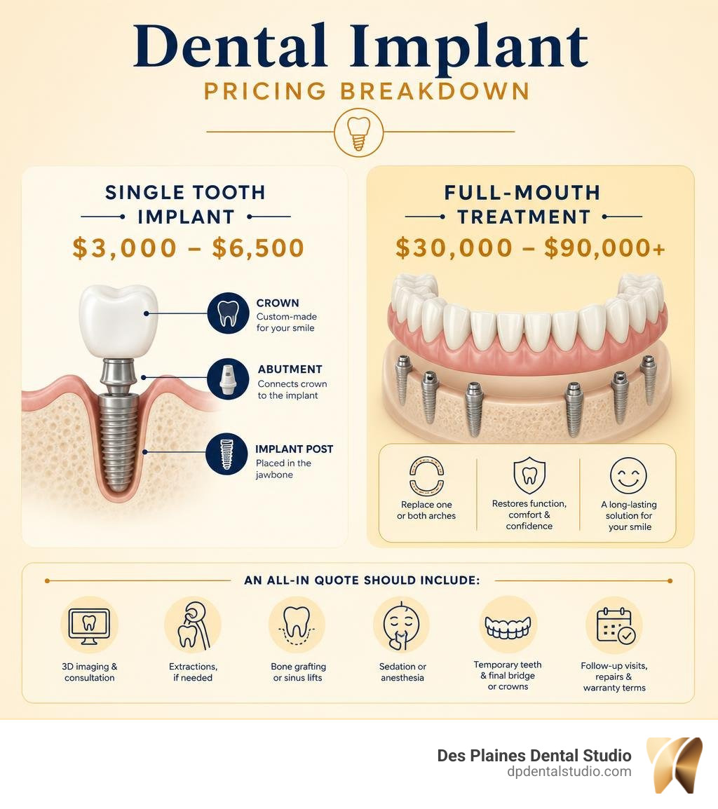 Dental implant pricing breakdown for single tooth and full-mouth treatment infographic