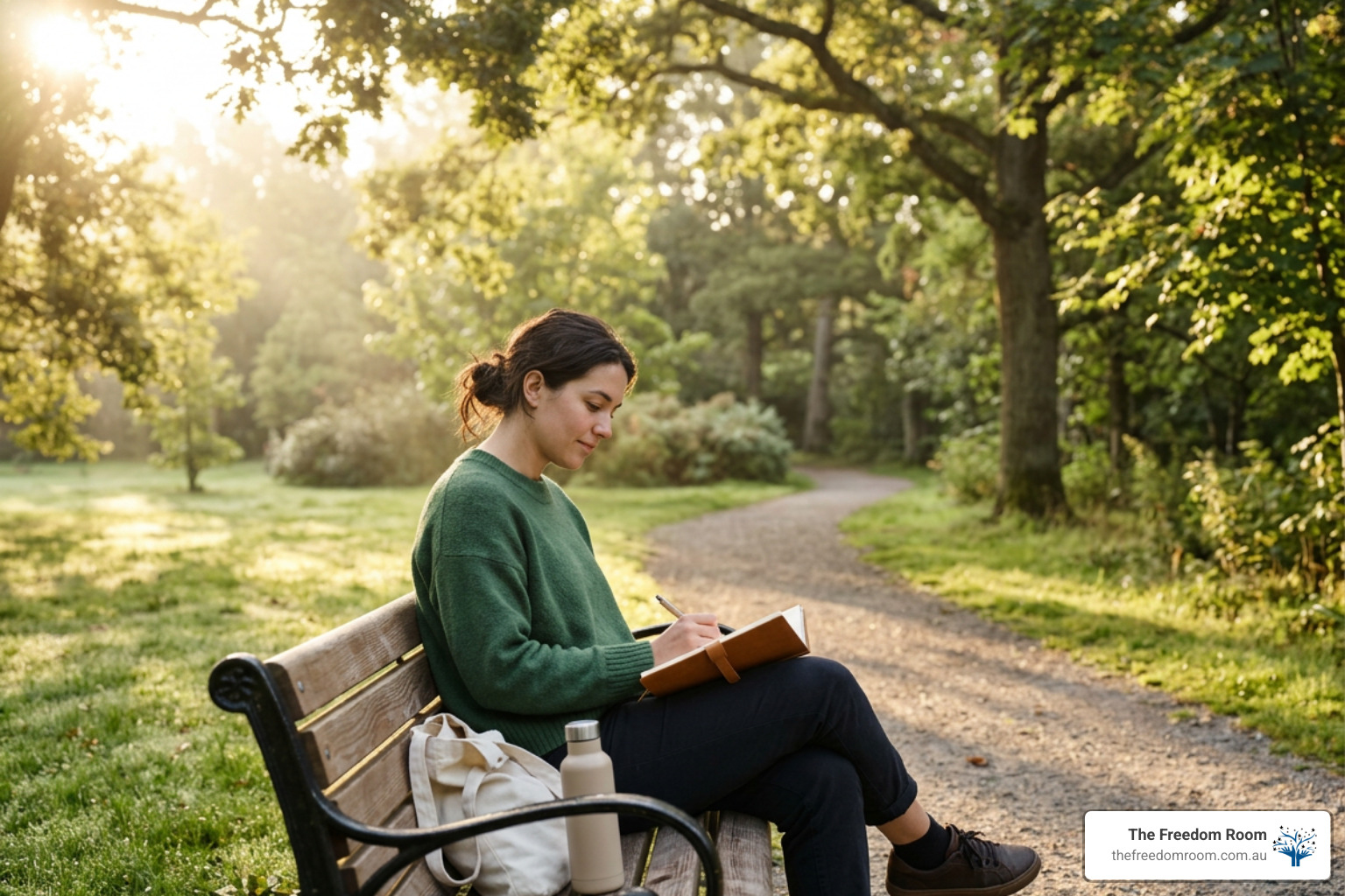 Person journaling peacefully outdoors at sunrise