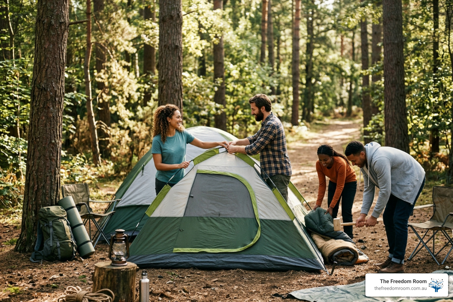 Supportive group setting up camp during an outdoor retreat