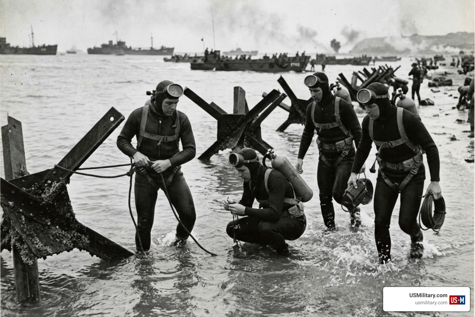 WWII Underwater Demolition Teams clearing beach obstacles