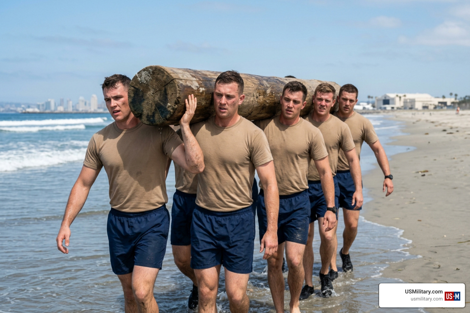 BUD/S candidates conducting log physical training on Coronado beach