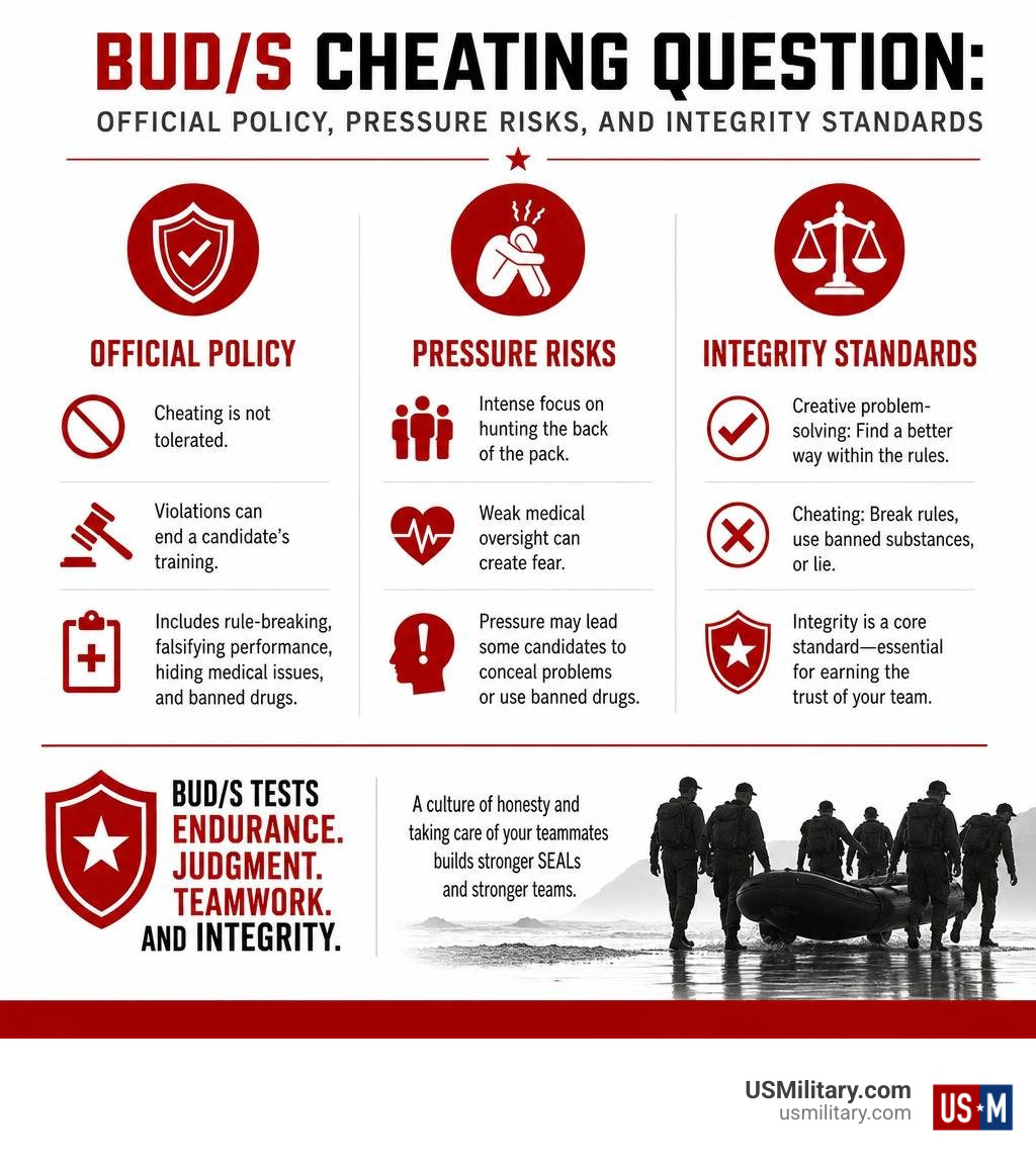 BUD/S cheating question: official policy, pressure risks, and integrity standards infographic