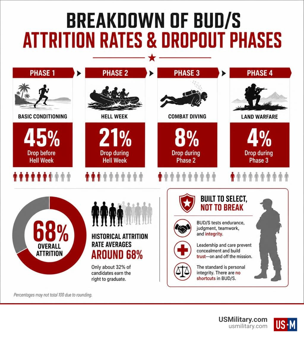 Breakdown of BUD/S attrition rates and dropout phases infographic