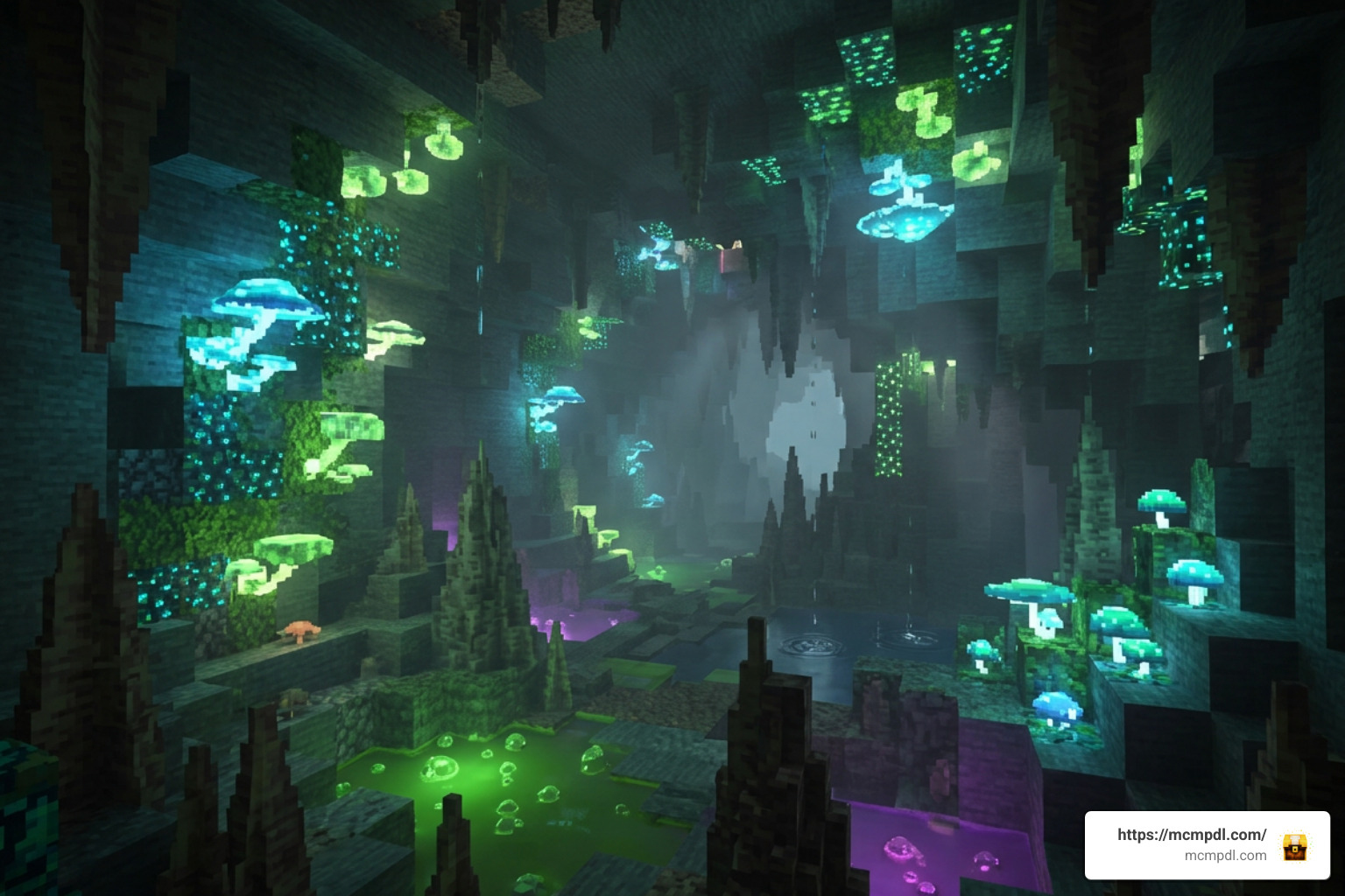 Glowing fungal cave biome with environmental hazards Glowing fungal cave biome with environmental hazards