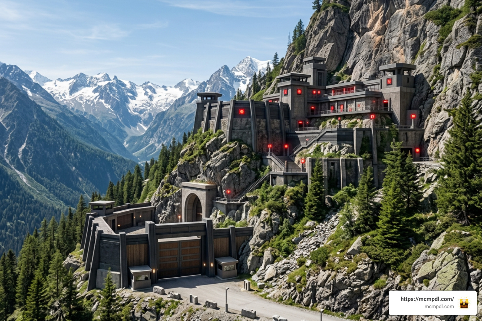 high-tech mountain fortress exterior with defensive perimeters high-tech mountain fortress exterior with defensive perimeters