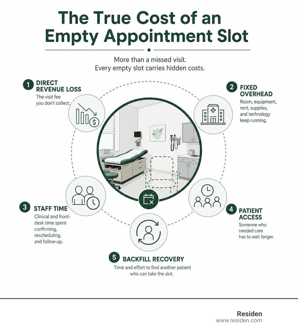 Infographic showing direct revenue loss, fixed overhead, staff time, patient access, and backfill recovery infographic Infographic showing direct revenue loss, fixed overhead, staff time, patient access, and backfill recovery infographic