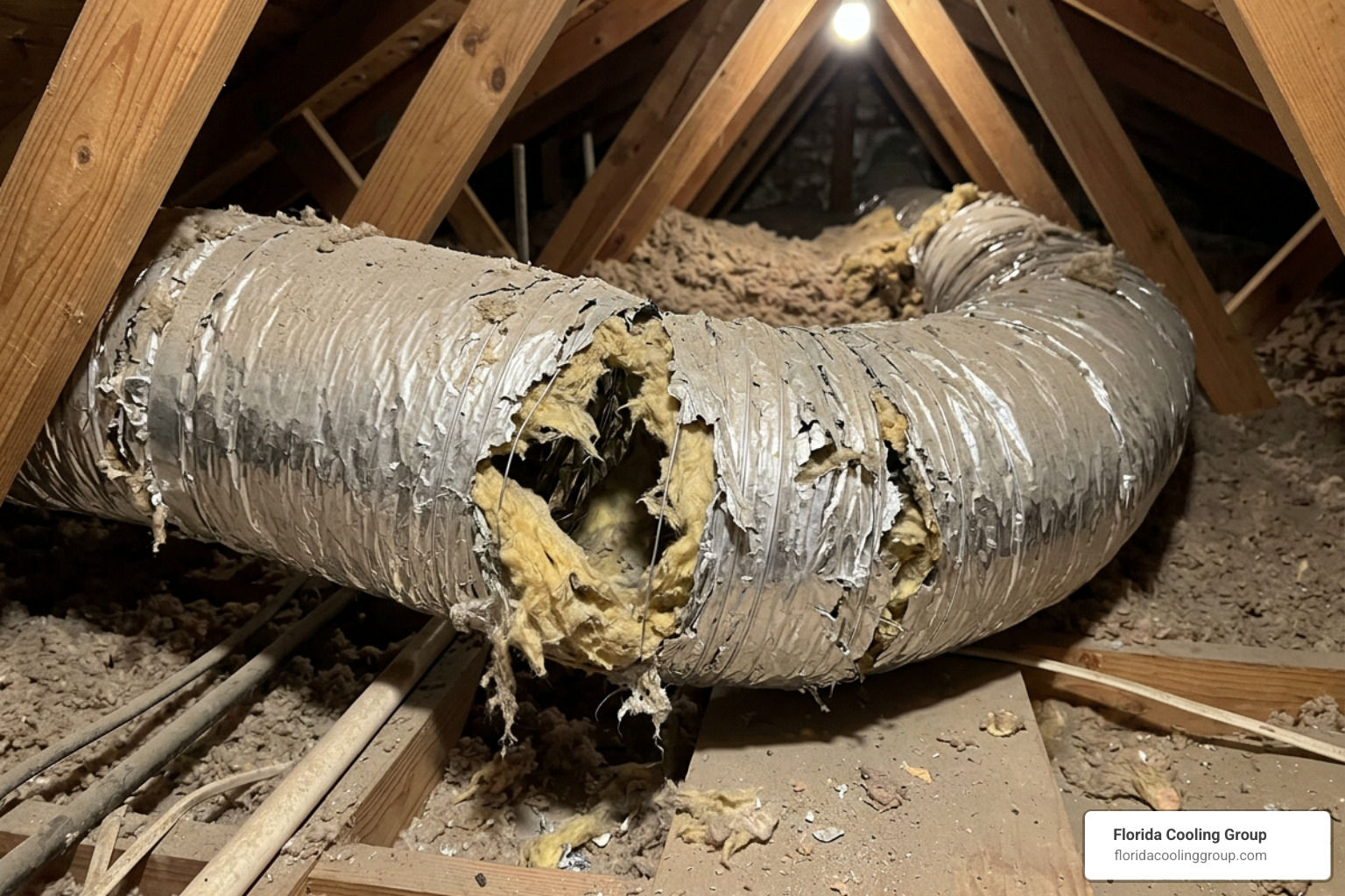 Damaged aging flexible air duct with tears and leaks