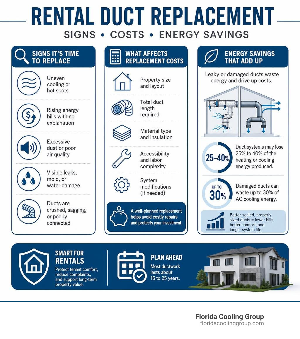 Rental duct replacement signs costs and energy savings infographic