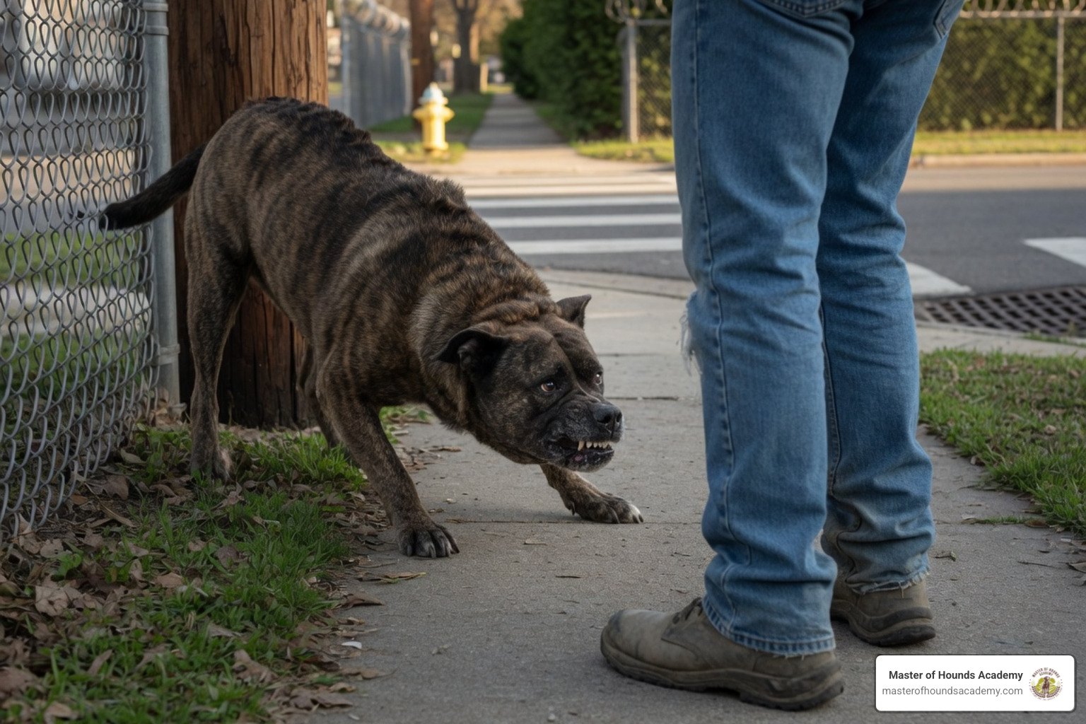 dog handler calmly stepping back and creating safe distance from an anxious dog