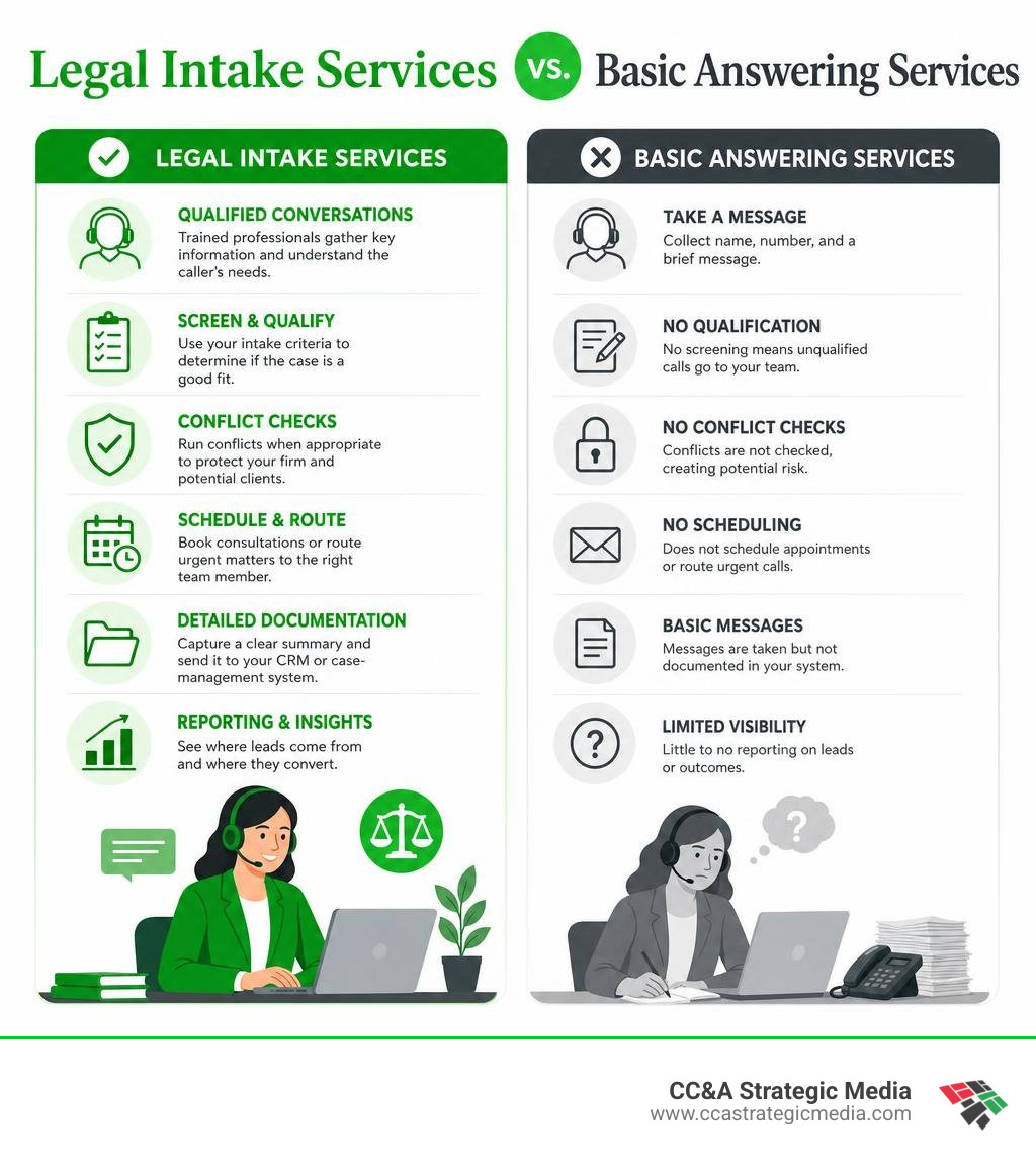 Comparison of legal intake services versus basic answering services infographic Comparison of legal intake services versus basic answering services infographic