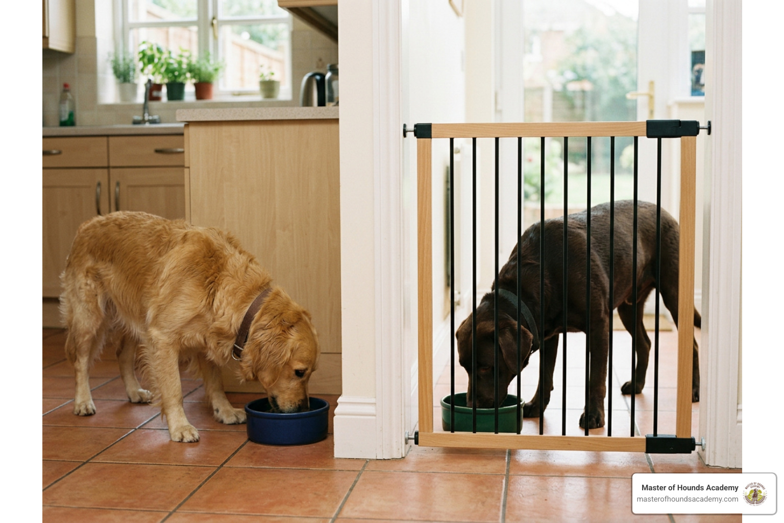 Two dogs eating peacefully in separate areas divided by a safety gate Two dogs eating peacefully in separate areas divided by a safety gate