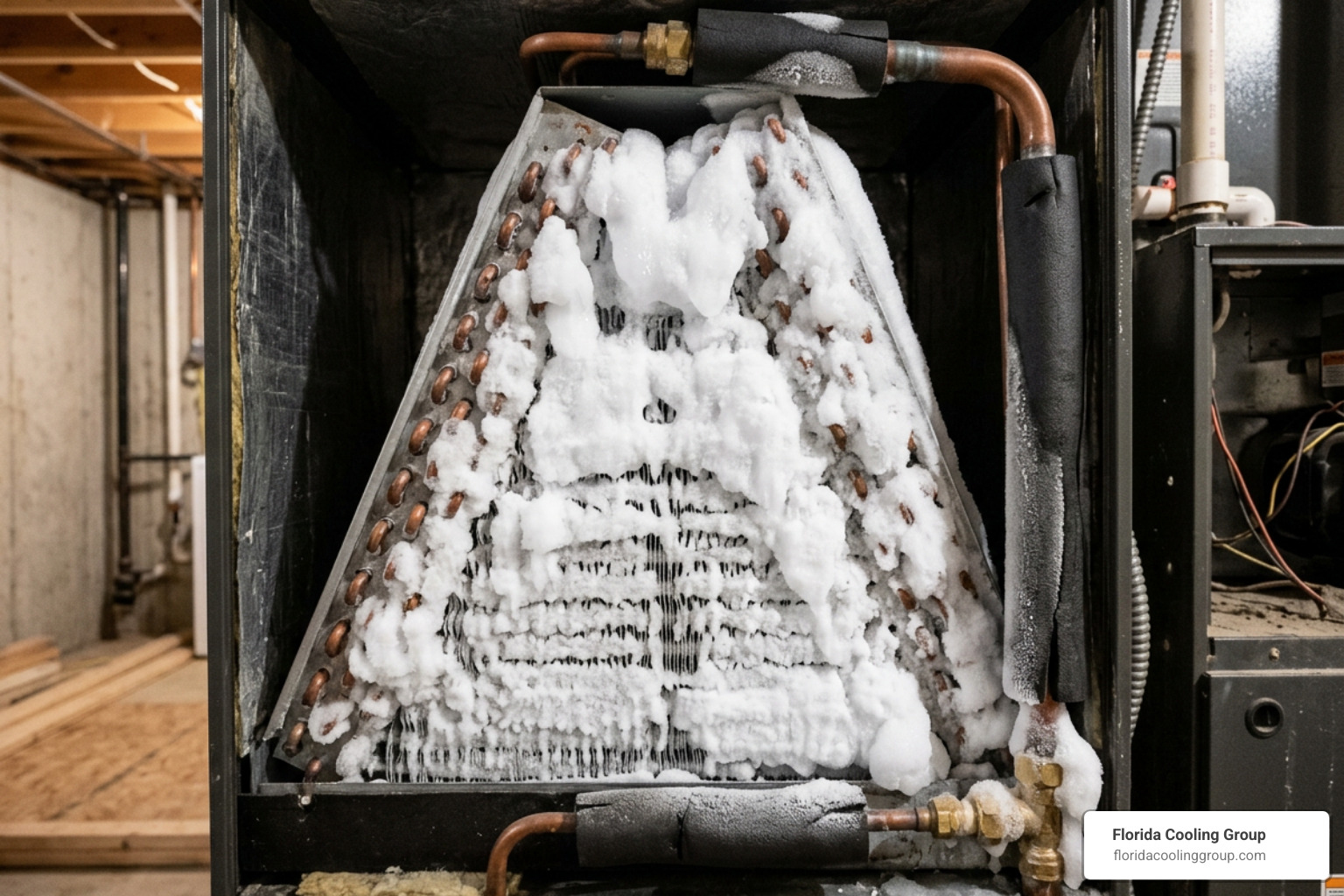 Frozen evaporator coil covered in ice due to low refrigerant leak