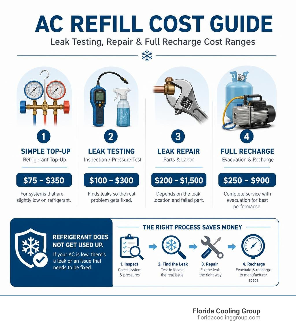 Infographic showing AC refill cost ranges leak testing repair and full recharge infographic