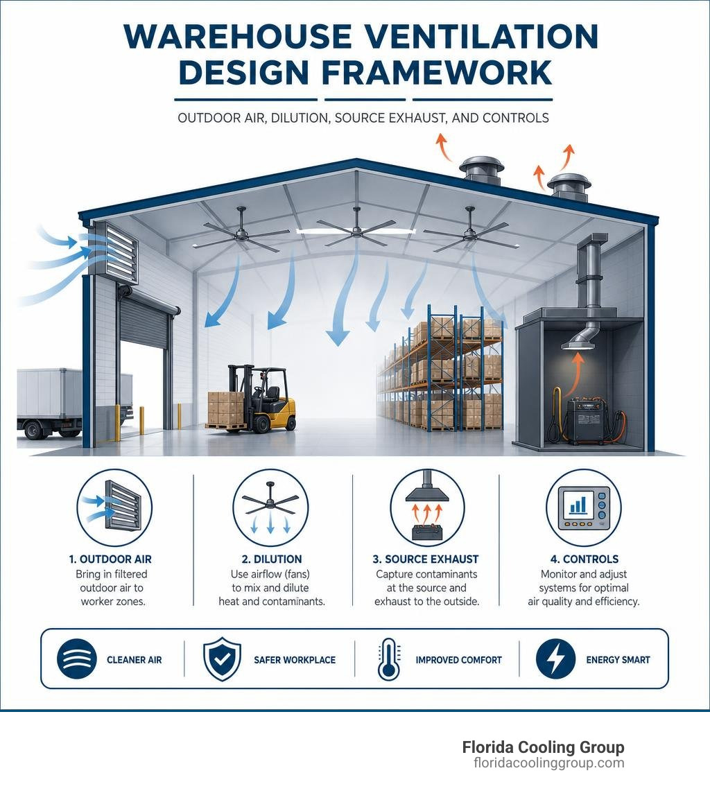 Warehouse ventilation design framework: outdoor air, dilution, source exhaust, and controls infographic