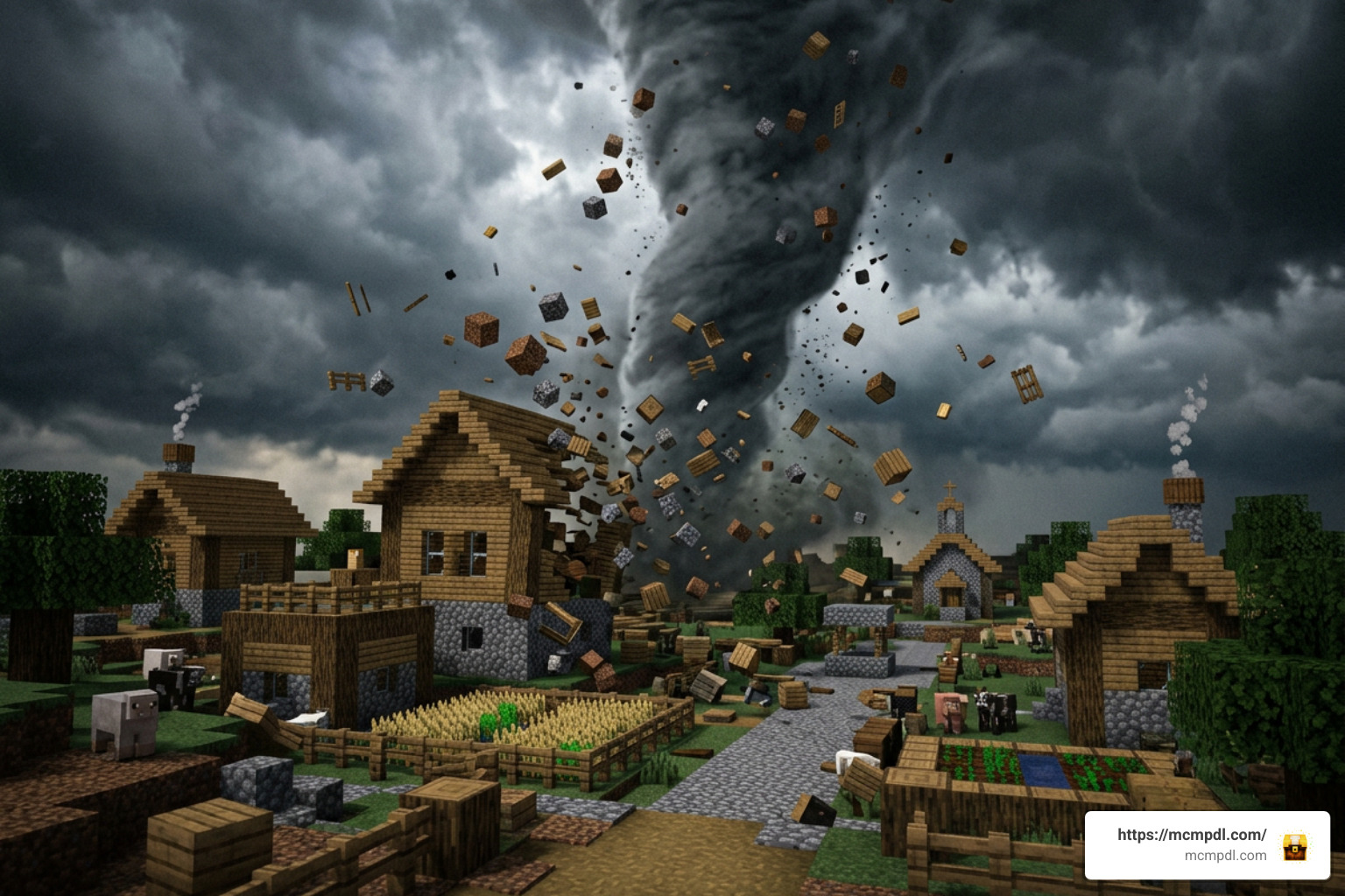 Tornado tearing through a Minecraft village