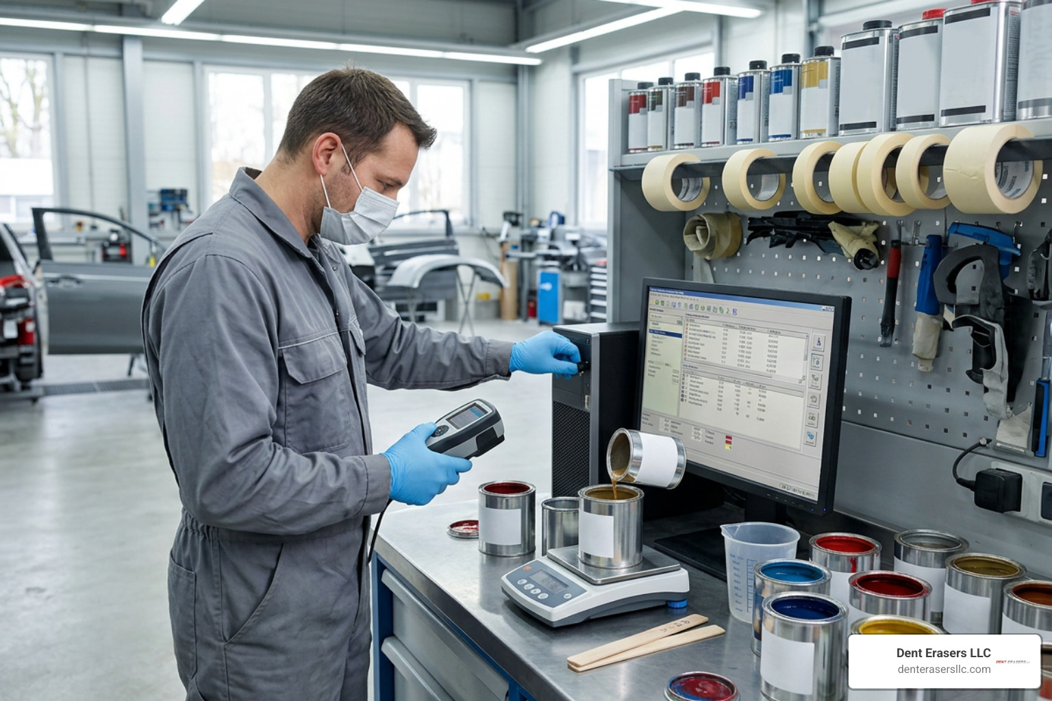 technician mixing automotive paint using digital formulas Technician Mixing Automotive Paint Using Digital Formulas
