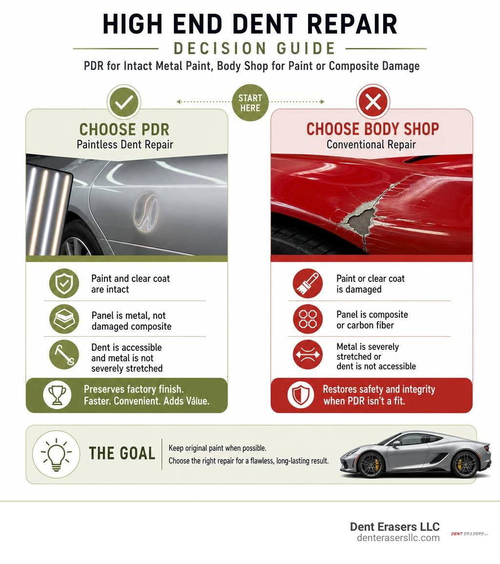 High end dent repair decision guide: PDR for intact metal paint, body shop for paint or composite damage infographic High End Dent Repair Decision Guide: Pdr For Intact Metal Paint, Body Shop For Paint Or Composite Damage Infographic