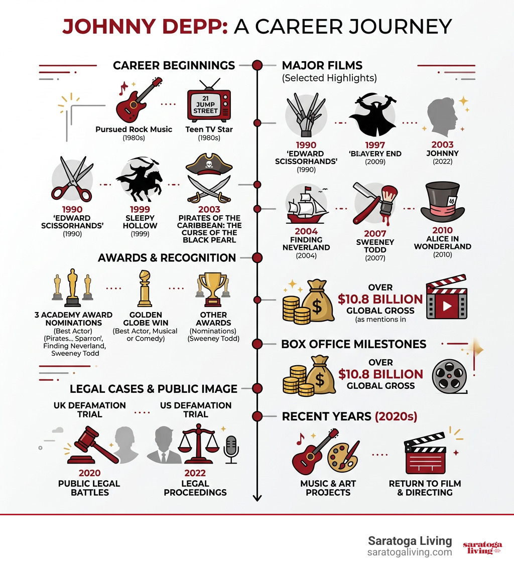 Johnny Depp career timeline, major films, awards, legal cases, and box office milestones infographic Johnny Depp career timeline, major films, awards, legal cases, and box office milestones infographic