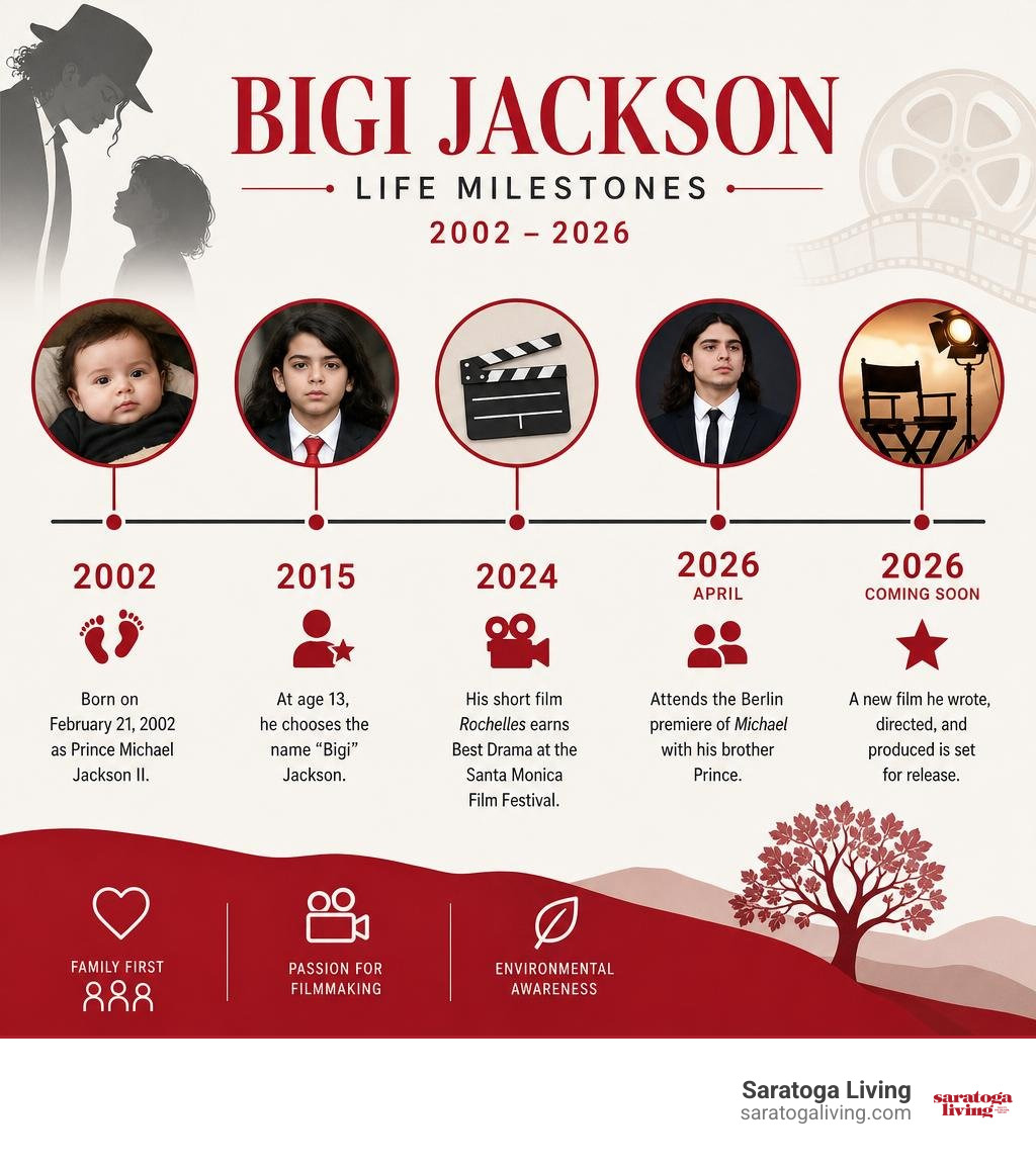 Bigi Jackson life milestones from 2002 birth to 2026 film premiere infographic Bigi Jackson life milestones from 2002 birth to 2026 film premiere infographic