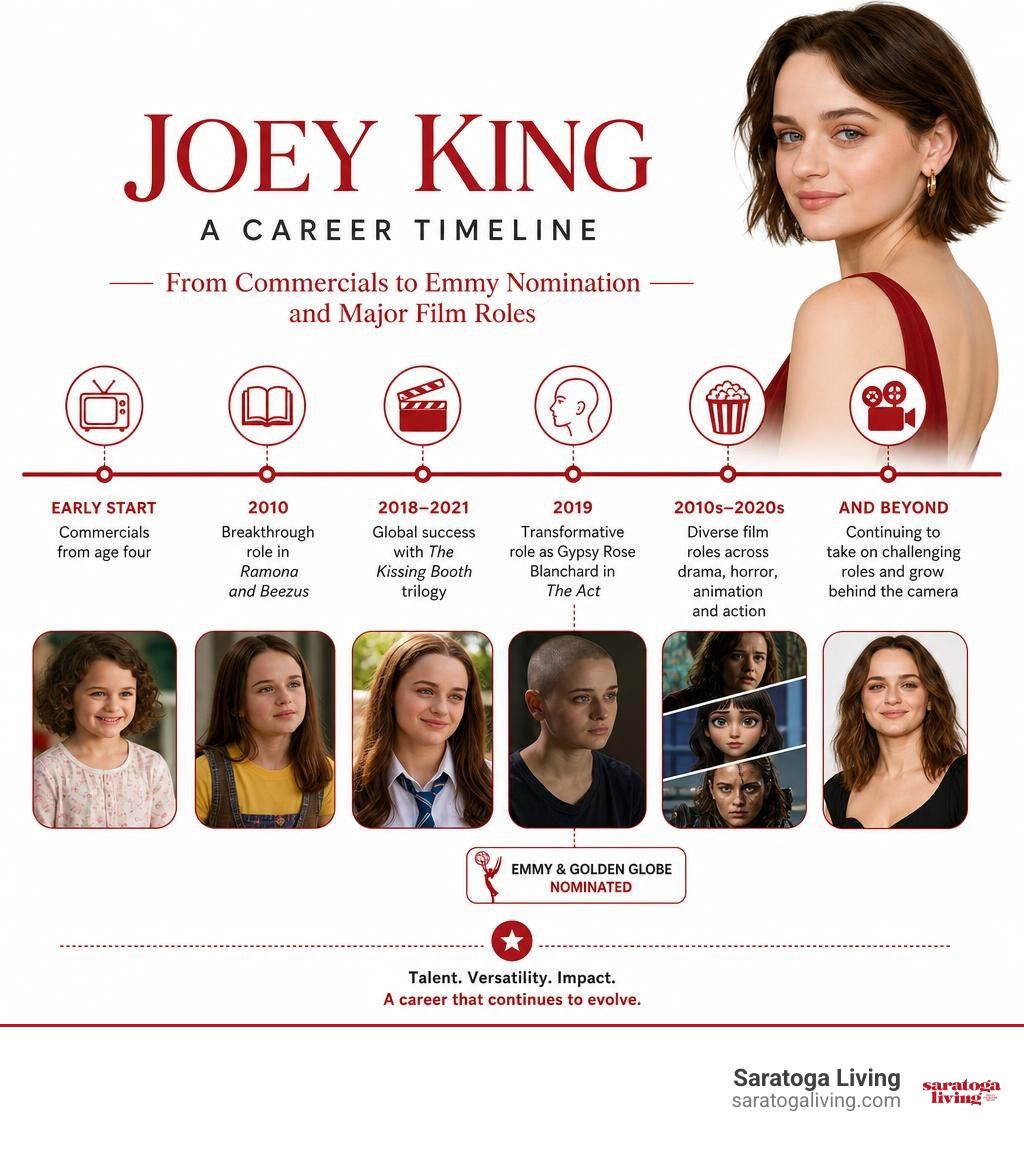Joey King career timeline from commercials to Emmy nomination and major film roles infographic Joey King career timeline from commercials to Emmy nomination and major film roles infographic