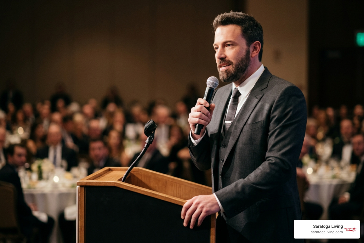 Ben Affleck speaking at a charity gala Ben Affleck speaking at a charity gala