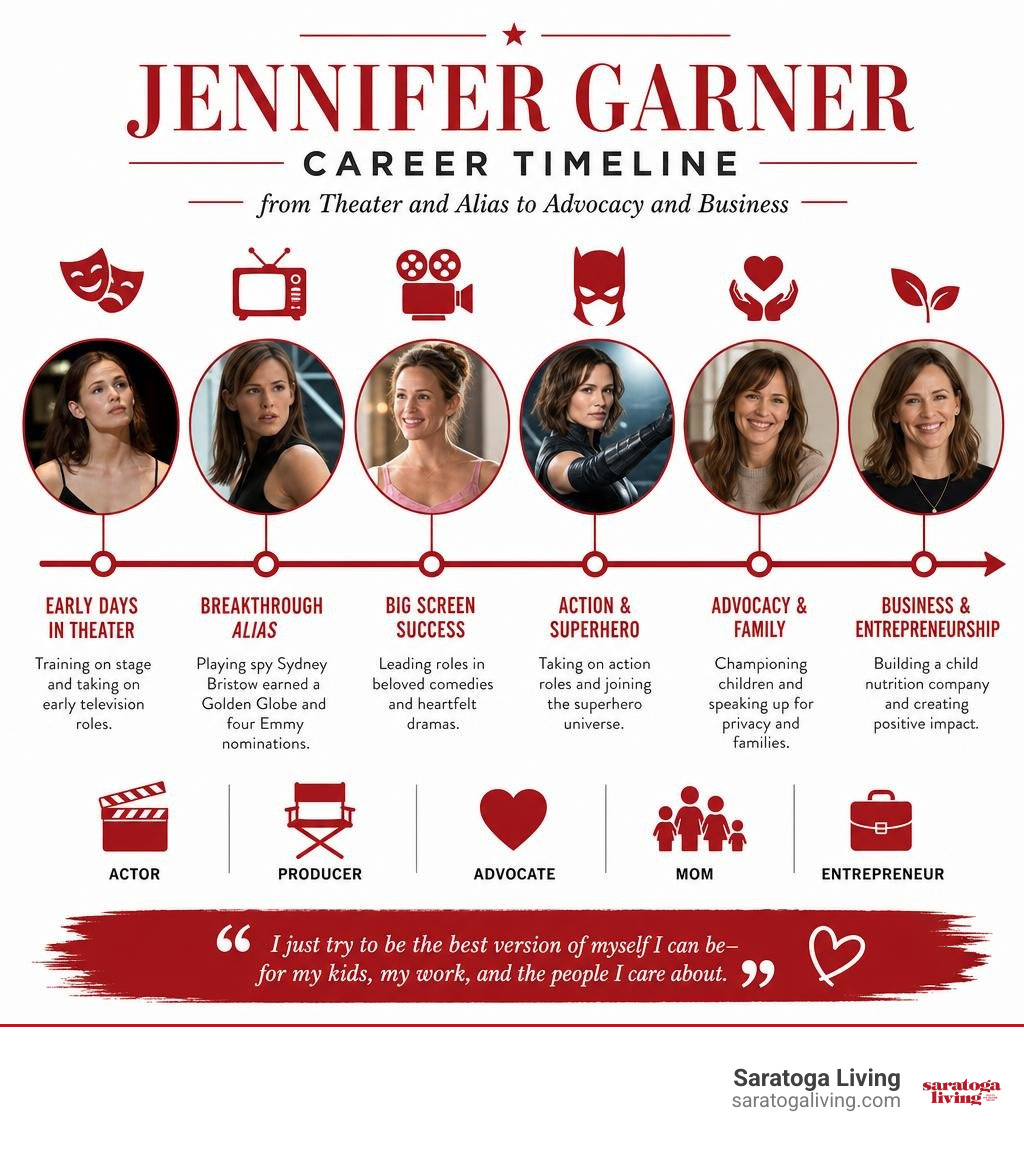 Jennifer Garner career timeline from theater and Alias to advocacy and business infographic Jennifer Garner career timeline from theater and Alias to advocacy and business infographic