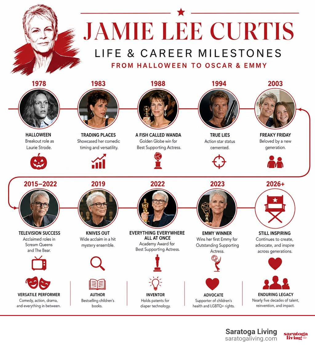 Jamie Lee Curtis life career milestones from Halloween to Oscar and Emmy infographic Jamie Lee Curtis life career milestones from Halloween to Oscar and Emmy infographic