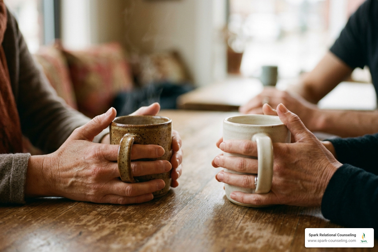 close-up of hands holding warm ceramic mugs during gentle discussion close-up of hands holding warm ceramic mugs during gentle discussion