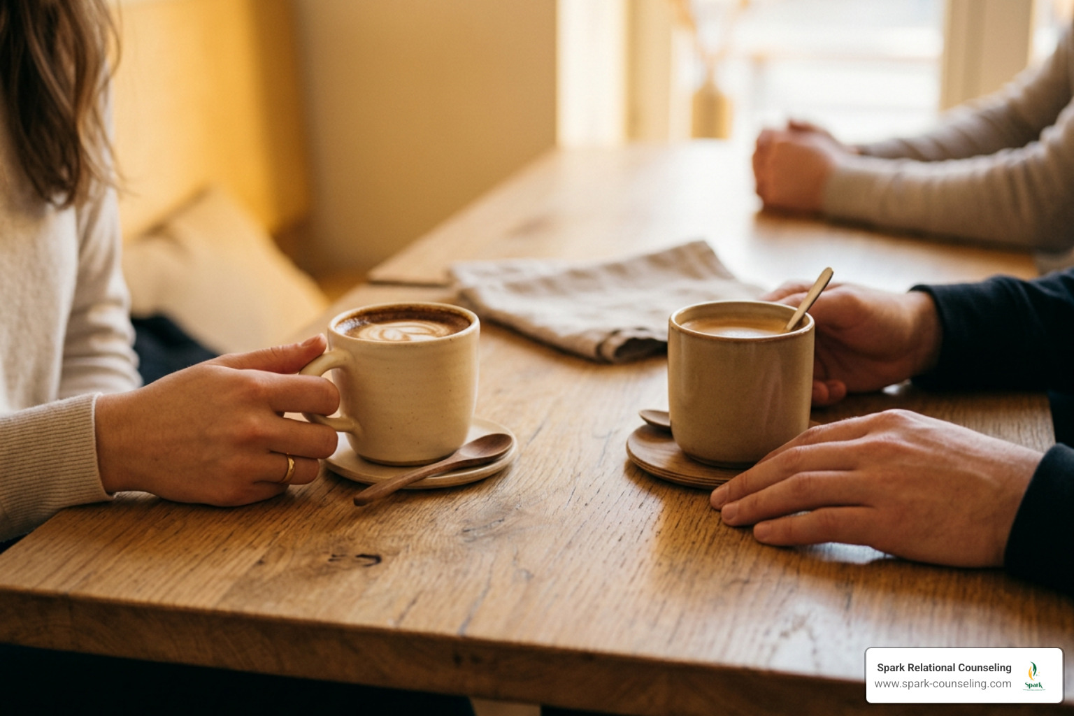 Minimalist wooden tabletop with two coffee cups in warm amber light