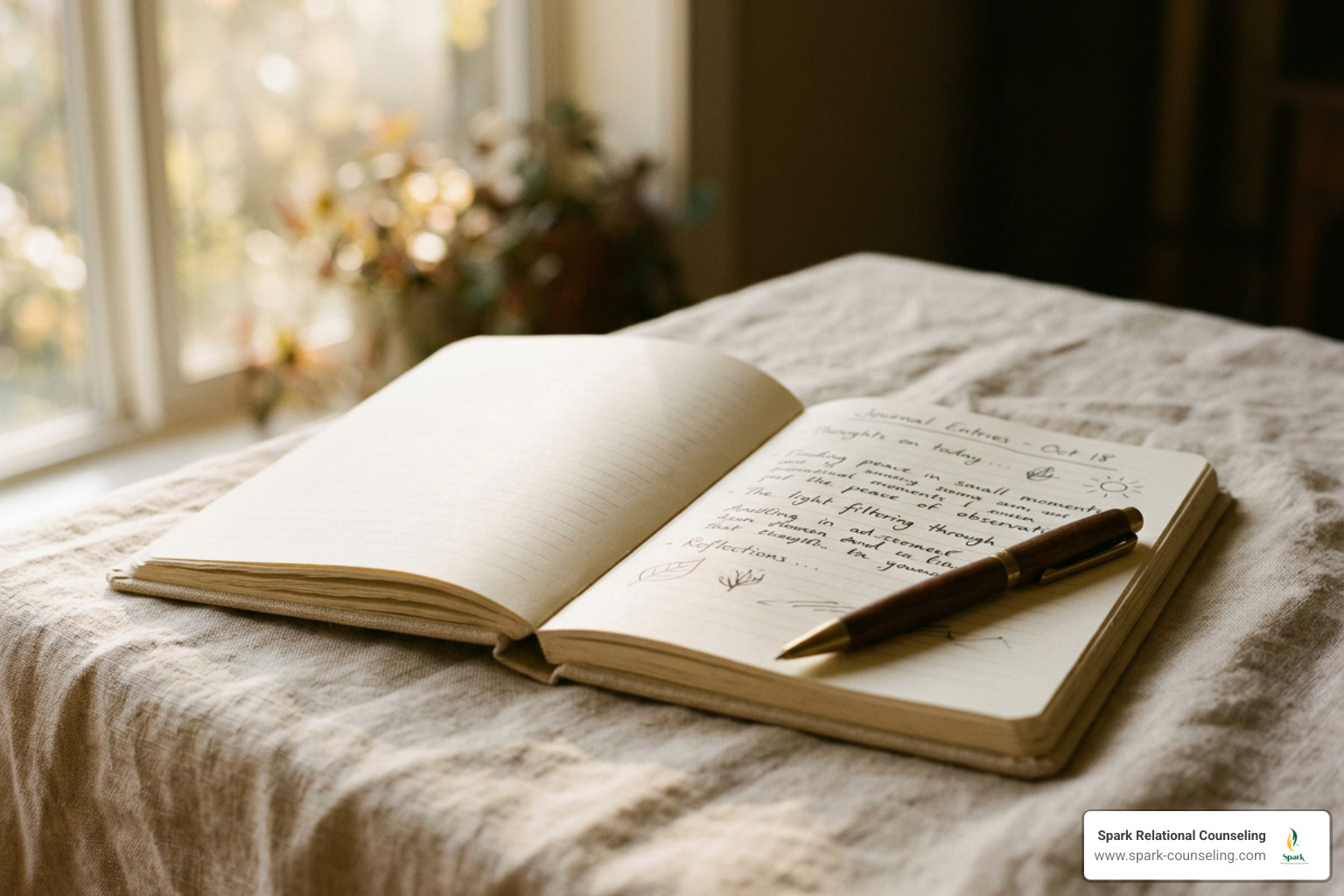 Warm sunlight illuminating a minimalist journal on a soft linen surface