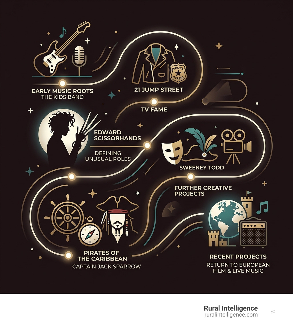 Johnny Depp career timeline from early music to Pirates and recent projects infographic Johnny Depp career timeline from early music to Pirates and recent projects infographic