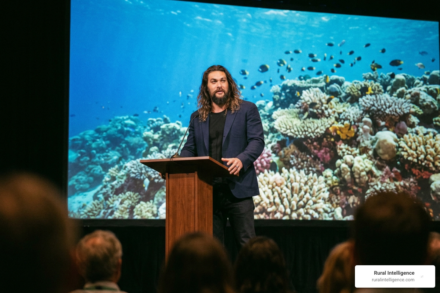 Jason Momoa addressing an environmental forum on ocean protection Jason Momoa addressing an environmental forum on ocean protection