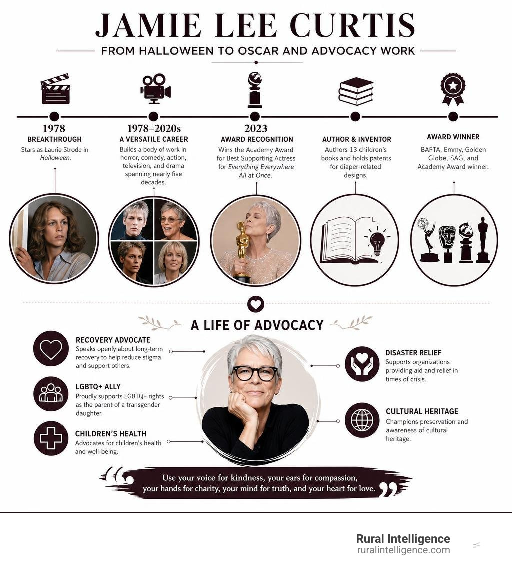 Jamie Lee Curtis career milestones from Halloween to Oscar and advocacy work infographic Jamie Lee Curtis career milestones from Halloween to Oscar and advocacy work infographic
