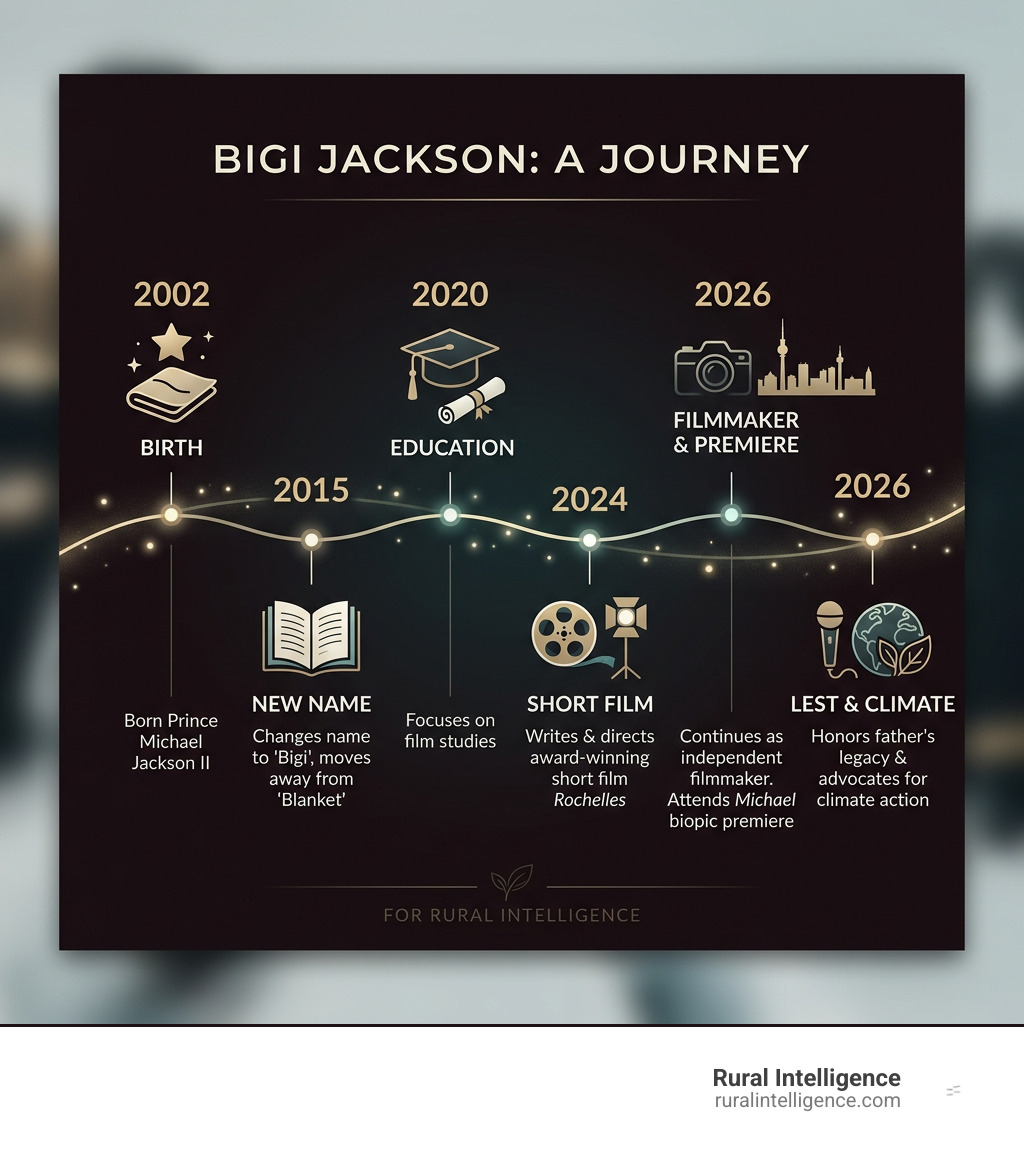 Bigi Jackson timeline from 2002 birth to 2026 filmmaker and biopic premiere infographic Bigi Jackson timeline from 2002 birth to 2026 filmmaker and biopic premiere infographic