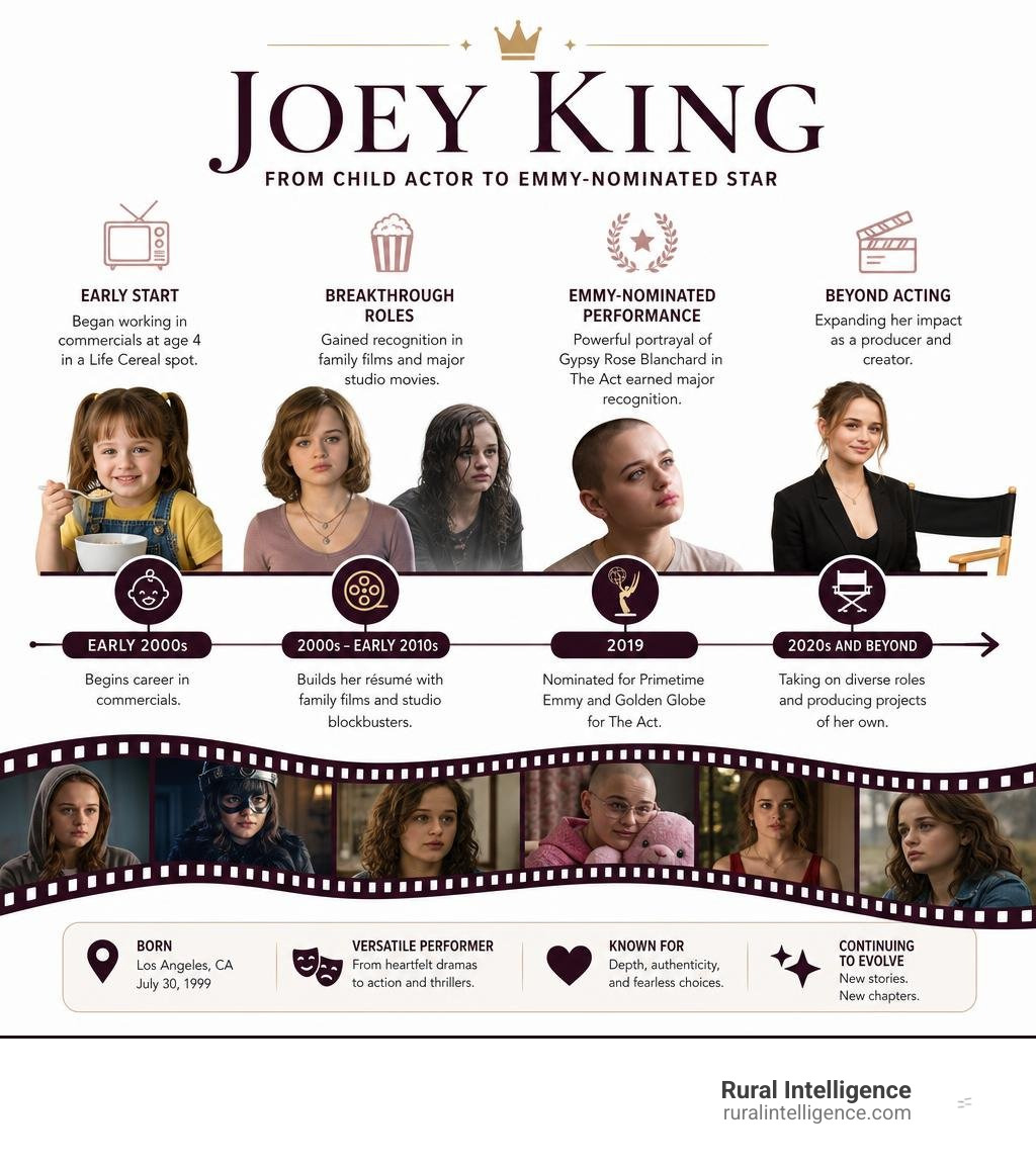 Joey King career timeline from child commercials to Emmy nominated roles and producer projects infographic Joey King career timeline from child commercials to Emmy nominated roles and producer projects infographic