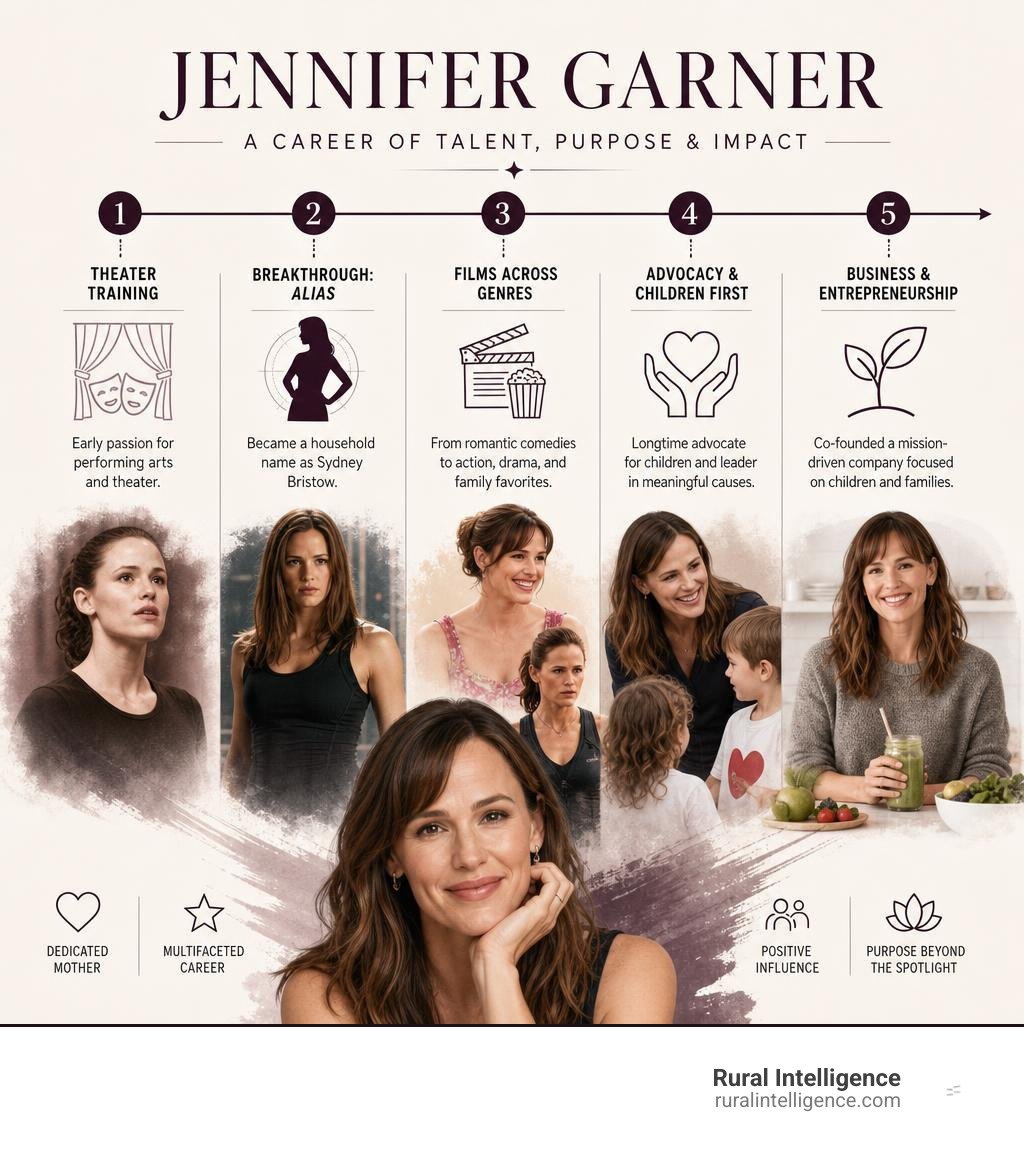 Jennifer Garner career timeline from theater training to Alias, films, advocacy, and business infographic Jennifer Garner career timeline from theater training to Alias, films, advocacy, and business infographic