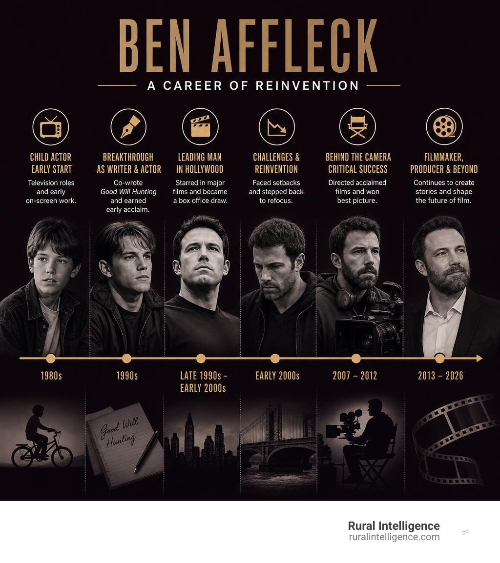 Timeline of Ben Affleck career phases from child actor to filmmaker and producer infographic