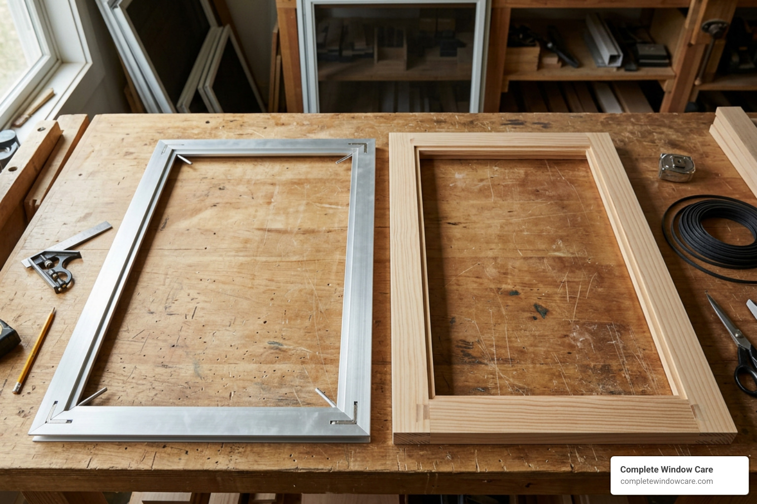 custom-cut aluminum and wood window screen frames